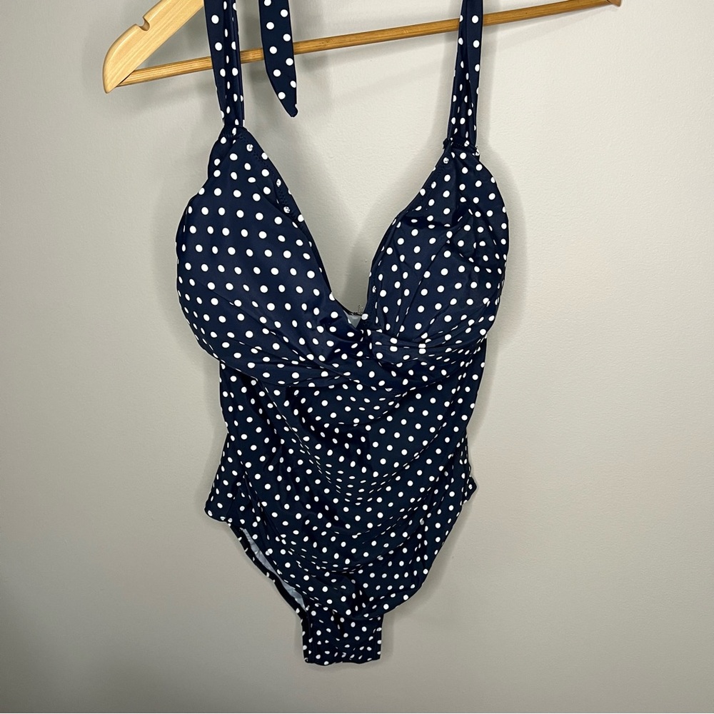 Mountain Warehouse Womens Rouched Halter Swimsuit Navy Polka Dot Size 12 NWT